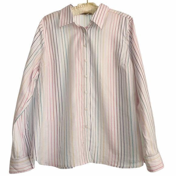 Talbots Rainbow Pin Stripe White Cotton Blouse LP - Picture 1 of 6